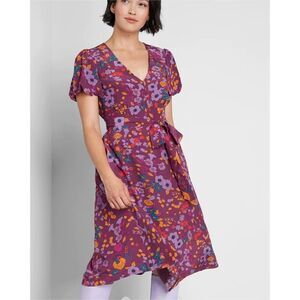 Floral V-Neck Purple Wrap Dress with Tie Waist